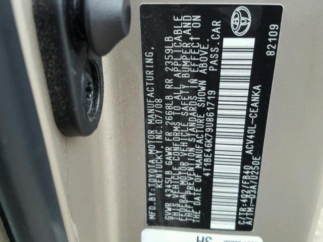 4T1BE46K79U861719 - 2009 TOYOTA CAMRY BASE GOLD photo 10