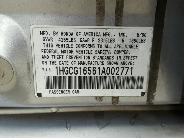 1HGCG16561A002771 - 2001 HONDA ACCORD EX SILVER photo 10