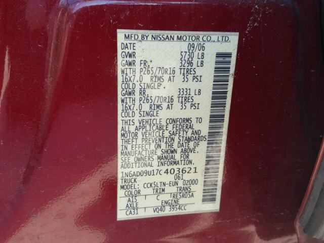 1N6AD09U17C403621 - 2007 NISSAN FRONTIER C RED photo 10