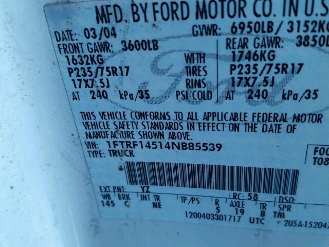 1FTRF14514NB85539 - 2004 FORD F150 WHITE photo 10