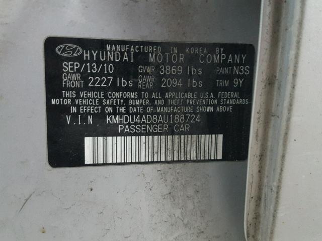 KMHDU4AD8AU188724 - 2010 HYUNDAI ELANTRA BL SILVER photo 10