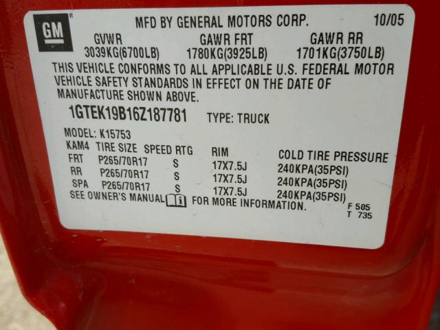 1GTEK19B16Z187781 - 2006 GMC NEW SIERRA RED photo 10