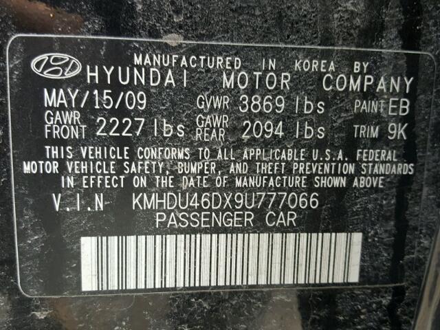 KMHDU46DX9U777066 - 2009 HYUNDAI ELANTRA GL BLACK photo 10