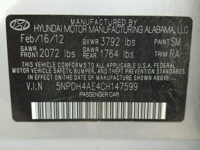 5NPDH4AE4CH147599 - 2012 HYUNDAI ELANTRA GL SILVER photo 10