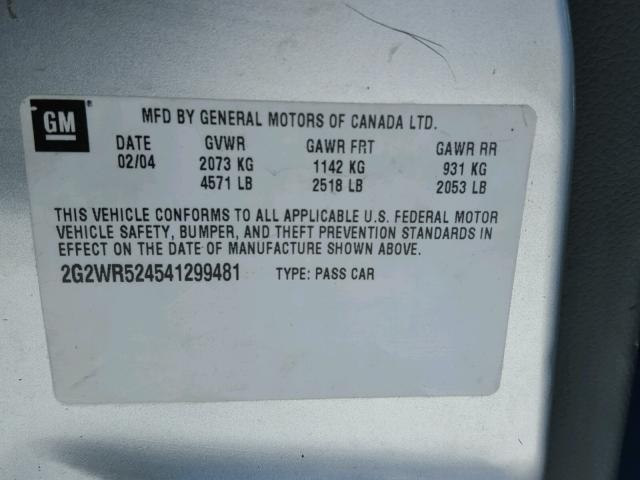 2G2WR524541299481 - 2004 PONTIAC GRAND PRIX ვერცხლისფერი ფოტო 10