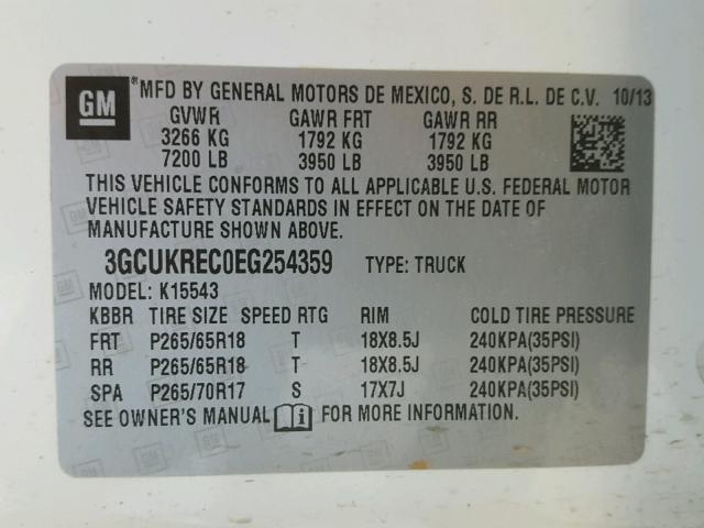 3GCUKREC0EG254359 - 2014 CHEVROLET SILVERADO WHITE photo 10