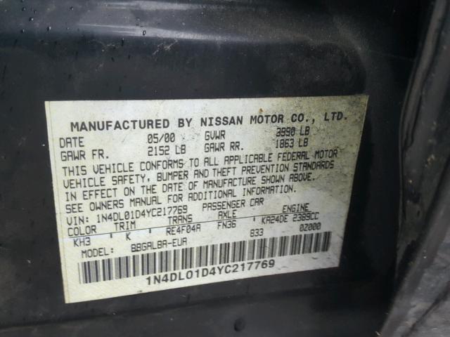 1N4DL01D4YC217769 - 2000 NISSAN ALTIMA XE BLACK photo 10