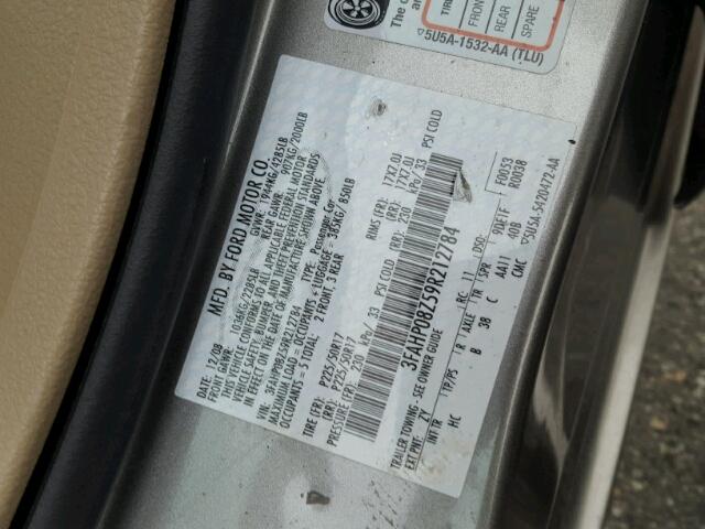 3FAHP08Z59R212784 - 2009 FORD FUSION SEL GRAY photo 10