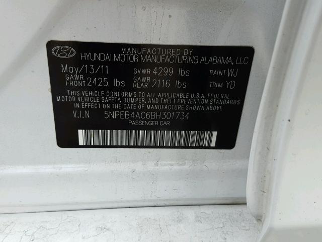 5NPEB4AC6BH301734 - 2011 HYUNDAI SONATA GLS WHITE photo 10