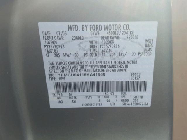 1FMCU04116KA41668 - 2006 FORD ESCAPE LIM GRAY photo 10