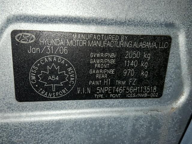 5NPET46F56H113518 - 2006 HYUNDAI SONATA GL SILVER photo 10