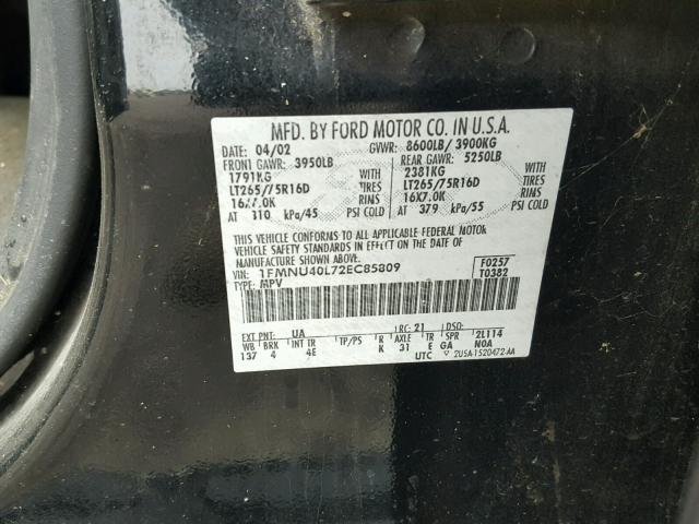 1FMNU40L72EC85809 - 2002 FORD EXCURSION BLACK photo 10