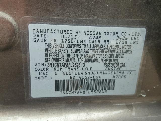 3N1CN7AP8FL952813 - 2015 NISSAN VERSA S GRAY photo 10