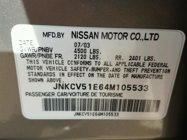 JNKCV51E64M105533 - 2004 INFINITI G35 GRAY photo 10