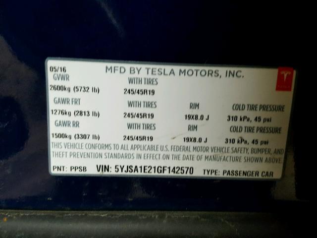 5YJSA1E21GF142570 - 2016 TESLA MODEL S BLUE photo 10