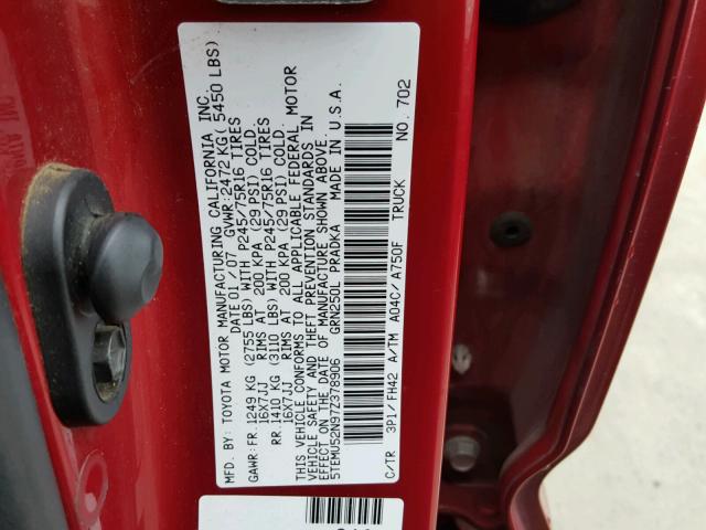 5TEMU52N97Z378906 - 2007 TOYOTA TACOMA DOU RED photo 10