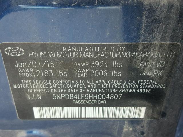 5NPD84LF9HH004807 - 2017 HYUNDAI ELANTRA SE BLUE photo 10