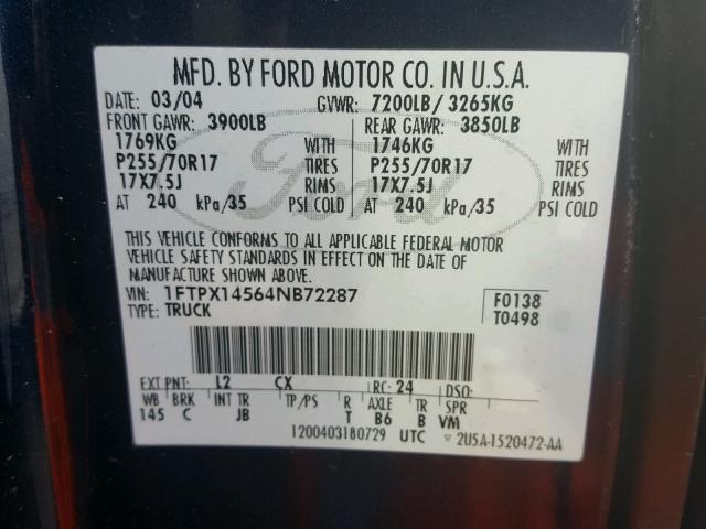 1FTPX14564NB72287 - 2004 FORD F150 BLUE photo 10