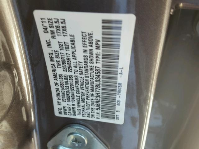 5J6RE3H77BL034587 - 2011 HONDA CR-V EXL GRAY photo 10