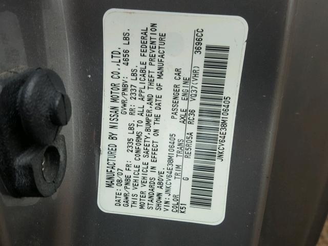 JNKCV64E38M106405 - 2008 INFINITI G37 BASE GRAY photo 10