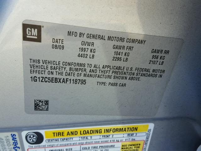 1G1ZC5EBXAF118795 - 2010 CHEVROLET MALIBU 1LT 银色 照片 10