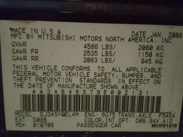 4A3AB46S79E002131 - 2009 MITSUBISHI GALANT SPO BLUE photo 10