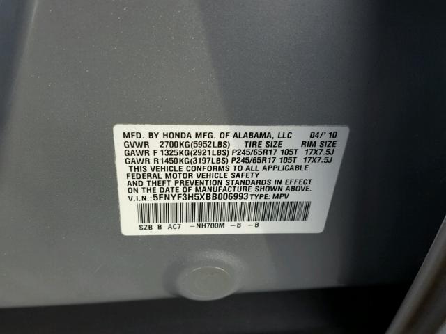 5FNYF3H5XBB006993 - 2011 HONDA PILOT EXL SILVER photo 10