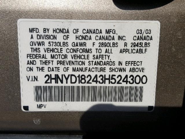 2HNYD18243H524300 - 2003 ACURA MDX GOLD photo 10