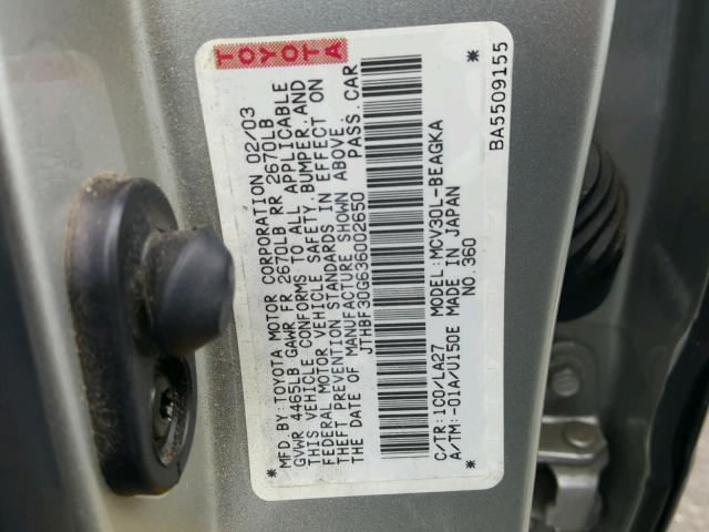 JTHBF30G636002650 - 2003 LEXUS ES 300 SILVER photo 10