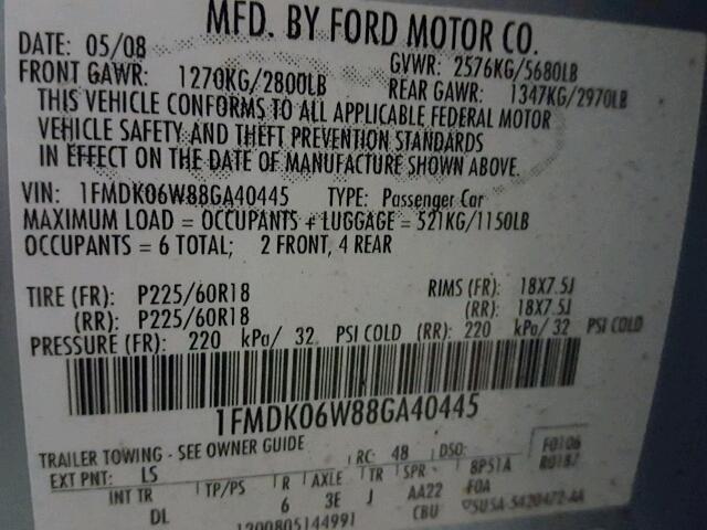 1FMDK06W88GA40445 - 2008 FORD TAURUS X L BLUE photo 10