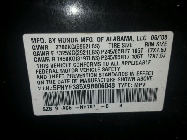 5FNYF385X9B006048 - 2009 HONDA PILOT EXL BLACK photo 10