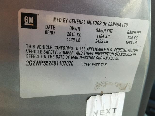 2G2WP552481107070 - 2008 PONTIAC GRAND PRIX GRAY photo 10