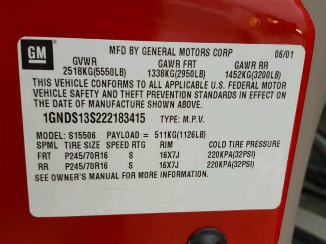 1GNDS13S222183415 - 2002 CHEVROLET TRAILBLAZE RED photo 10