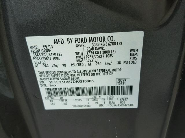 1FTEX1CM7DKG10865 - 2013 FORD F150 SUPER GRAY photo 10