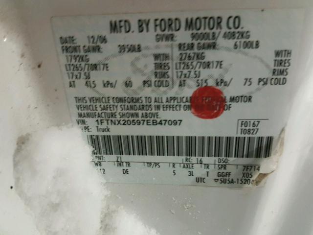 1FTNX20597EB47097 - 2007 FORD F250 SUPER WHITE photo 10