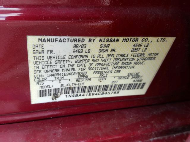 1N4BA41E94C845768 - 2004 NISSAN MAXIMA SE RED photo 10