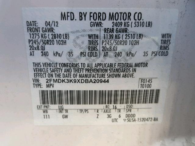 2FMDK3K9XDBA20944 - 2013 FORD EDGE LIMIT WHITE photo 10