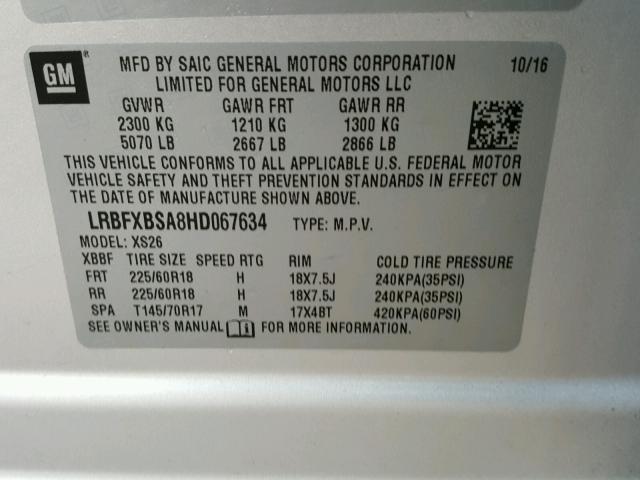 LRBFXBSA8HD067634 - 2017 BUICK ENVISION E SILVER photo 10