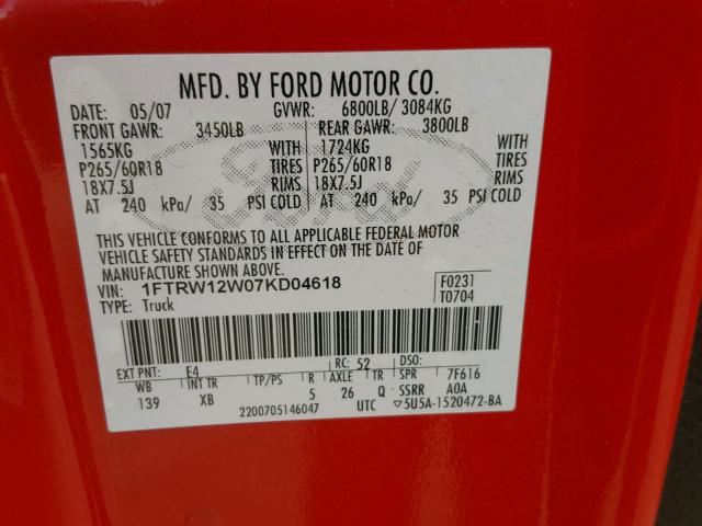 1FTRW12W07KD04618 - 2007 FORD F150 SUPER RED photo 10