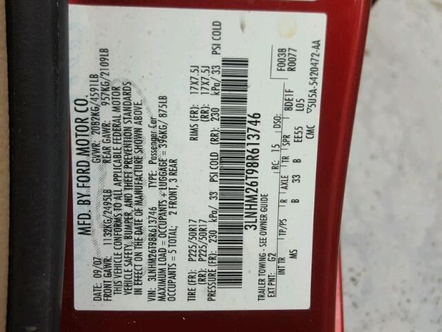 3LNHM26T98R613746 - 2008 LINCOLN MKZ RED photo 10