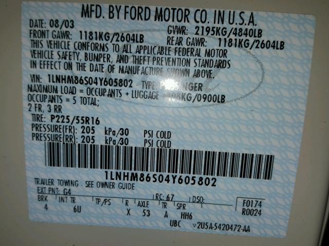 1LNHM86S04Y605802 - 2004 LINCOLN LS 奶油色 照片 10