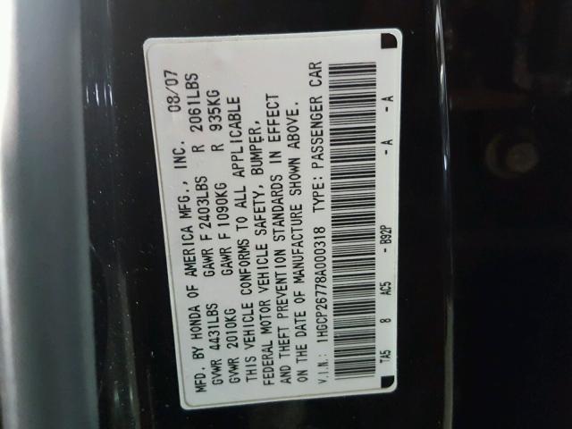 1HGCP26778A000318 - 2008 HONDA ACCORD EX BLACK photo 10