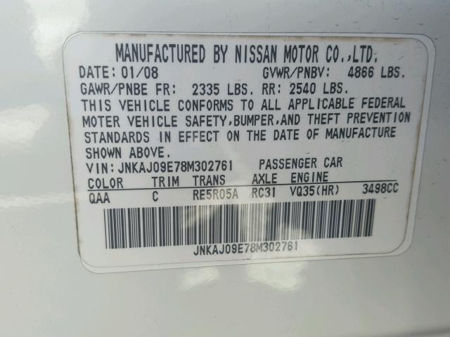 JNKAJ09E78M302761 - 2008 INFINITI EX35 BASE WHITE photo 10