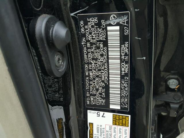 JTDKB20U667540566 - 2006 TOYOTA PRIUS BLACK photo 10