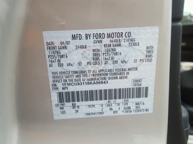 1FMCU93118KA56843 - 2008 FORD ESCAPE XLT TAN photo 10