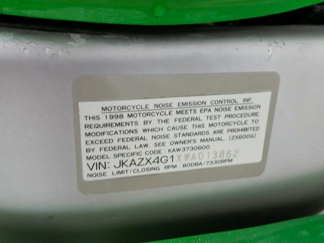 JKAZX4G1XWA013862 - 1998 KAWASAKI ZX600 G GREEN photo 20