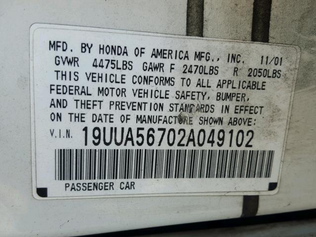 19UUA56702A049102 - 2002 ACURA 3.2TL WHITE photo 10