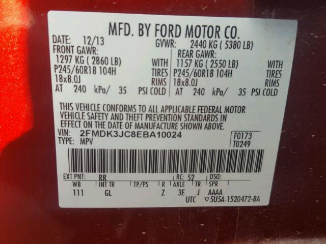 2FMDK3JC8EBA10024 - 2014 FORD EDGE SEL RED photo 10