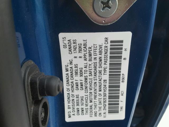 2HGFB2E56FH534128 - 2015 HONDA CIVIC LX BLUE photo 10