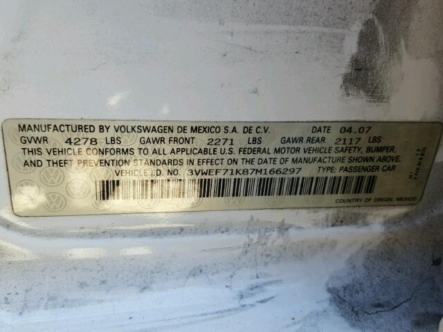 3VWEF71K87M166297 - 2007 VOLKSWAGEN JETTA WOLF WHITE photo 10